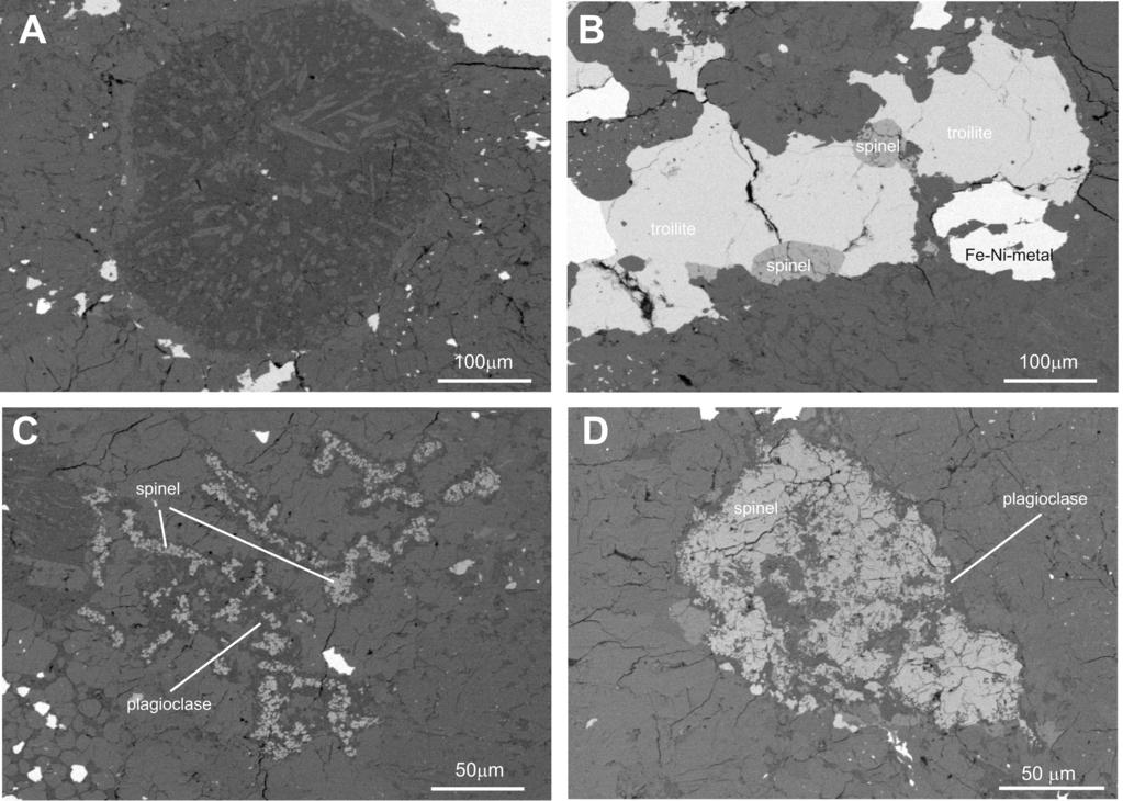 1692 R. Tappert et al. Fig. 5. Backscattered electron (BSE) images of the Yaringie Hill meteorite. A) Chondrule with porphyritic orthopyroxene (light) and interstitial feldspar (dark).