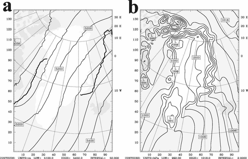 JUNE 2008 H I N E S A N D BROMWICH 1977 FIG. 2. Monthly average (a) 500-hPa geopotential height (m) and (b) sea level pressure (hpa) during December 2002 for the Polar WRF simulation.