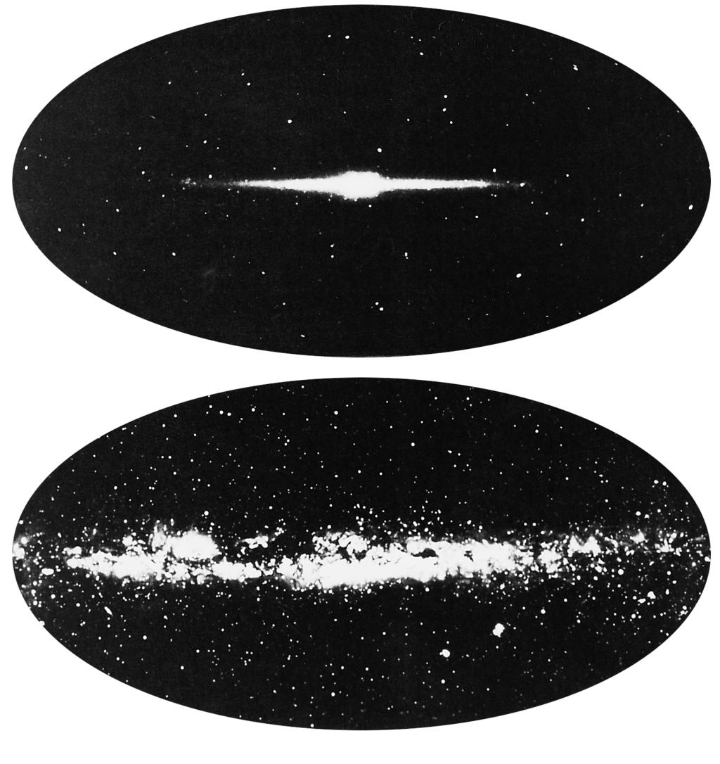 26 1 Overview Figure 1.19 Two views of the Milky Way. The upper panel depicts the near-infrared emission, as seen by the COBE satellite.