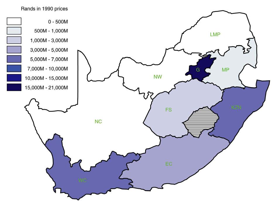 Figure 1: Total manufacturing value added by province 1970 1996 Our data exclude the former TVBC states.