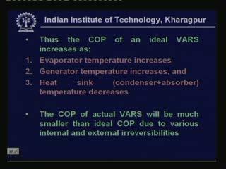 (Refer Slide Time: 00:38:57 min) So you can see that, so from this you can easily infer that the COP of an ideal vapour absorption system increases as the evaporator temperature increases as the