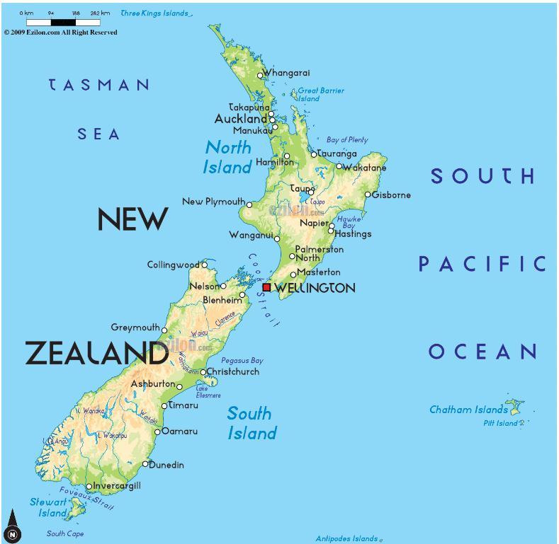 Figure 3. General Map of the Islands and towns of New Zealand.