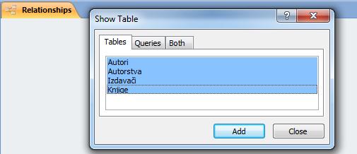 Означити све табеле у прозору Show Table који се појавио, и кликнути на