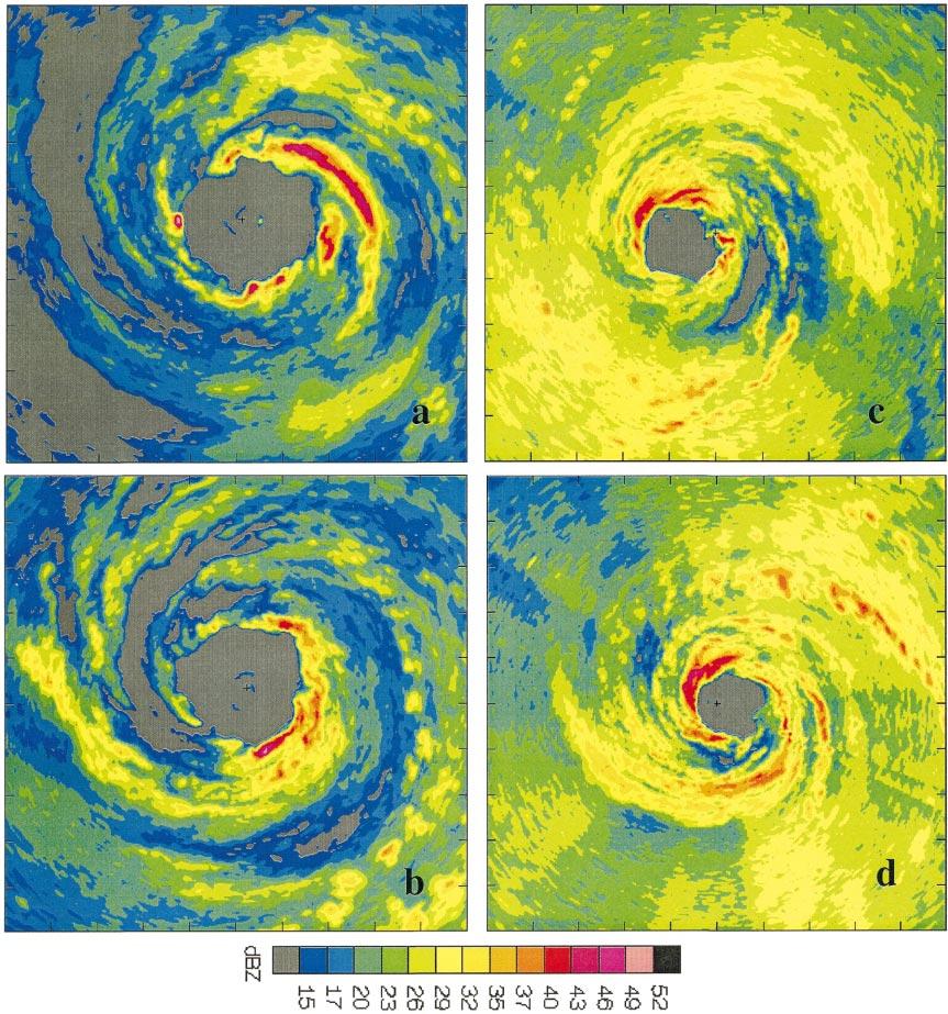 2200 JOURNAL OF THE ATMOSPHERIC SCIENCES VOLUME 58 FIG. 2. Airborne-radar reflectivity in Hurricanes Guillermo (1997) (left panels) and Bret (1999) (right panels).