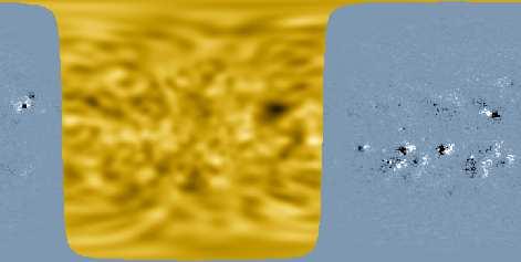 Composite maps of the Sun s far hemisphere (yellow) and the line-of-sight magnetic field (blue) show NOAA