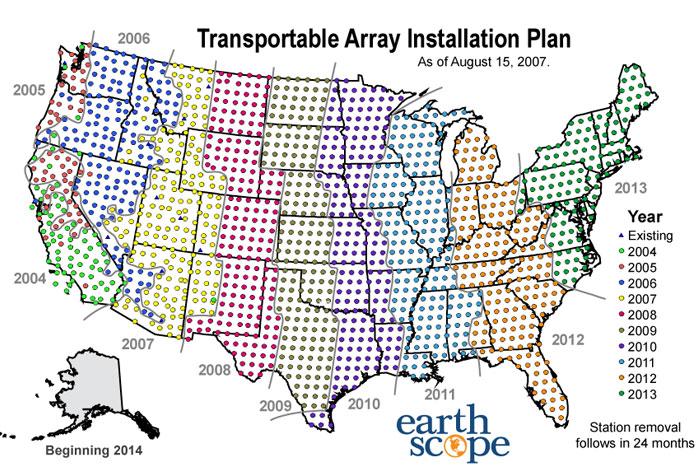 2 USArray Deployment Plan The Transportable Array network was started in California in June 2004, and will move eastward, reaching the east coast of