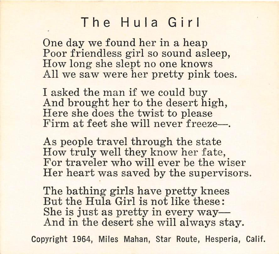 The bathing girls have pretty knees B u t t h e H u l a G i r l i s n o t l i k e t h e s e : She is just as pretty in every way The Hula Girl One day we found her in a heap Poor friendless girl so