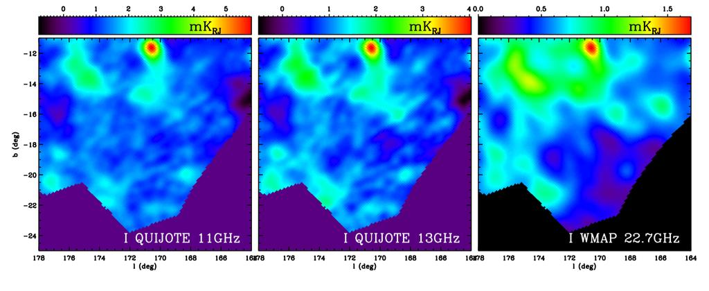 Figure 6 Left: TMC map at 11 GHz obtained with the MFI on QT1. Middle: same as left but at a frequency of 13 GHz. Right: same as left and middle but at a frequency of 22.7 GHz as obtained by the WMAP.