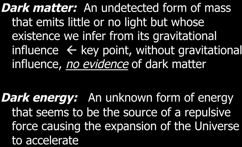 Unseen Influences Dark matter: An undetected form of mass that emits little or no light but whose existence we infer from its gravitational influence key point, without