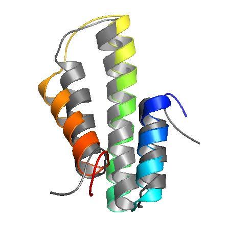 52 Lowest energy predicted structure of 1nre (color) versus