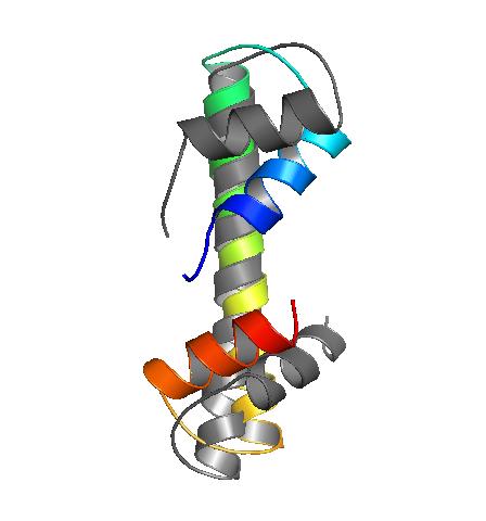 58 Lowest energy predicted structure of 1hta (color) versus