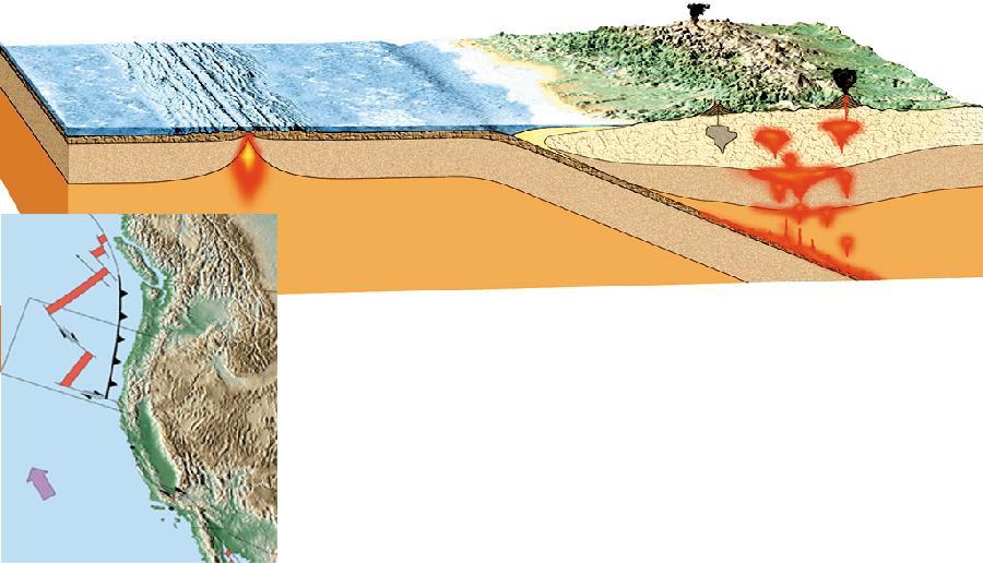 Ocean-Continental Subduction Example of Oceanic-ContinentalSystems Subduction - Cascades Juan de Fuca plate subducts beneath North American continent Subduction