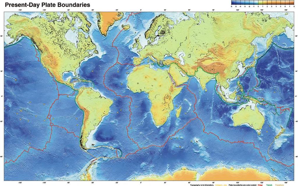 Lithospheric Plate Boundary Map 1) Most of Earth s active Faults and Volcanoes are located along narrow belt-like