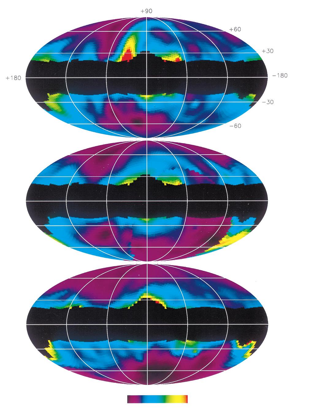 PLATE L4 FIG. 1. Galactic templates used in cross-correlation technique; Mollweide projection in Galactic coordinates. Top: Synchrotron-dominated 408 MHz survey. Middle: Cosmic-ray synchrotron model.