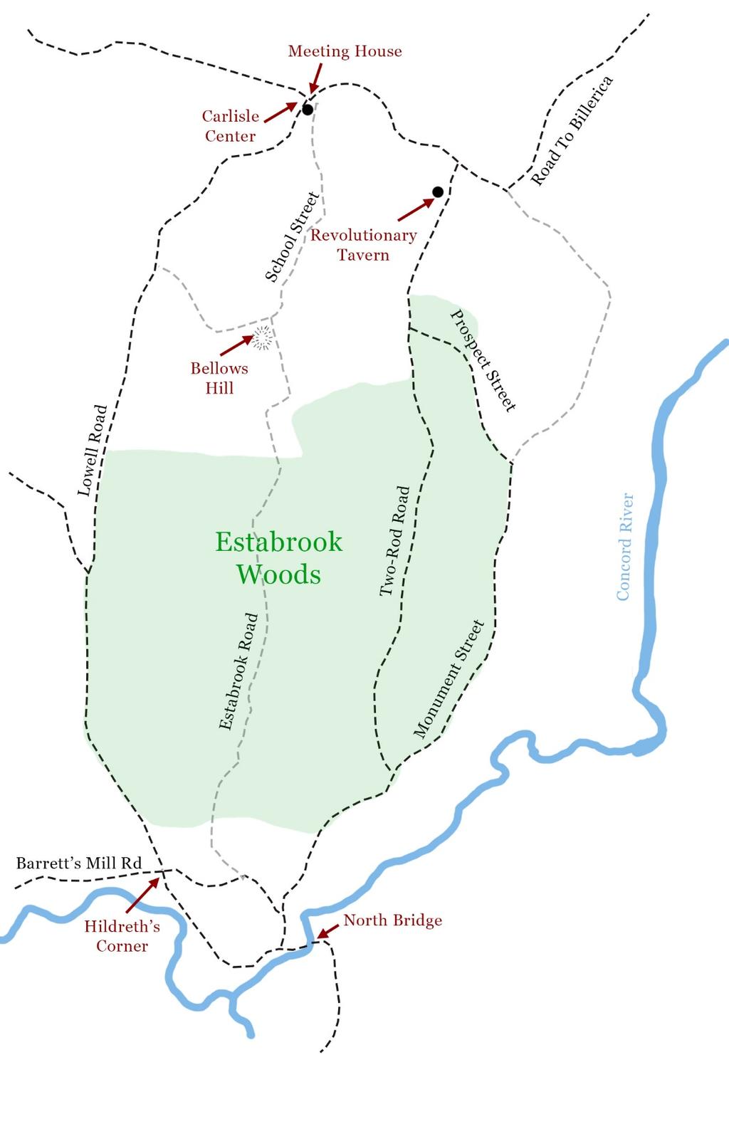 Map of the Estabrook Area at the time of the Revolution, with current