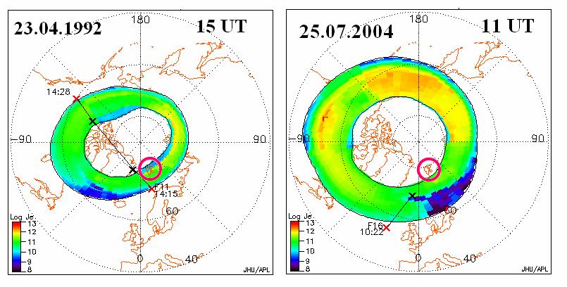 Fig. 4 The same as in Fig. 3(right panel) for magnetic storms on October 13-14, 2000 and May 23-24, 2000 activity may be mapped or inside of the auroral oval, or in the polar cap region, i.e. under the open geomagnetic field lines (Fig.