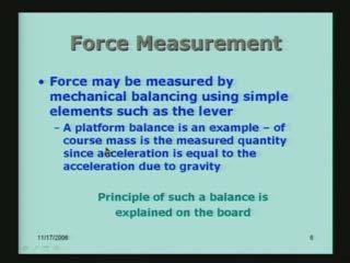 (Refer Slide Time: 15:49) Now let us look at force measurement by other methods. For example, we can measure force, by mechanical balancing using simple elements such as the lever.