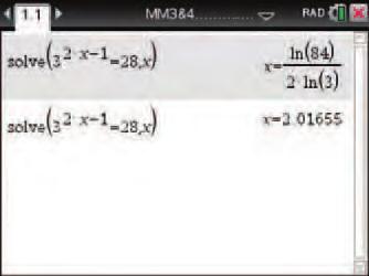 5G of eponential equations using logarithms 237 Eample 25 Solve for if 2 =, epressing the answer to two decimal places. 2 = = log 2 = 3.45943... Therefore 3.46 correct to two decimal places.