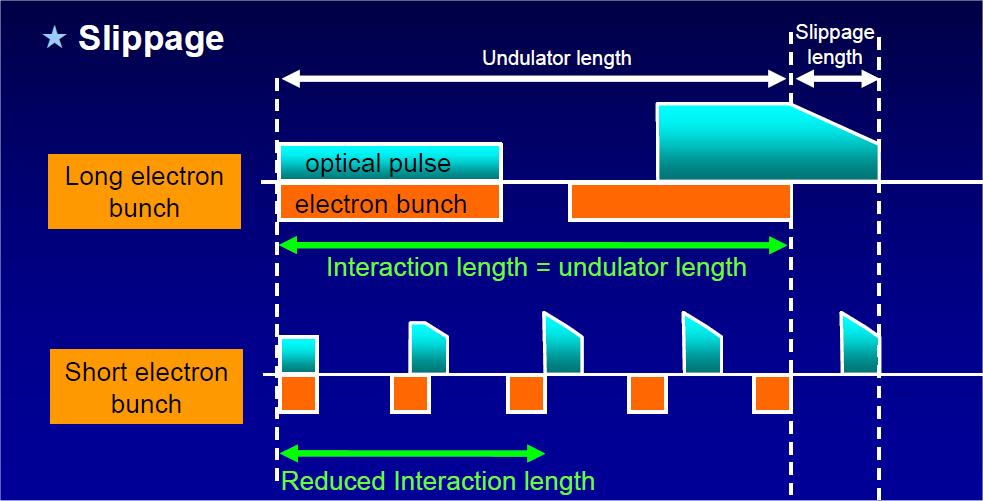 SLIPPAGE Due to resonant condition, light overtakes e-beam by one radiation wavelength per undulator period Slippage