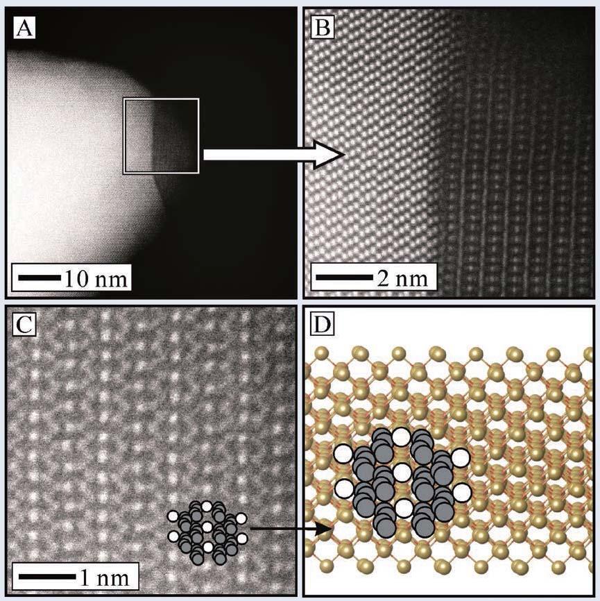 Fig. 9 STEM-HAADF image of (A) a nanowire tip, (B) a magnified view of the tip, (C) an area exhibiting the rhombohedral