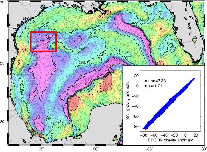 Figure 3. Gravity anomaly for the Gulf of Mexico (10 mgal contours) based on all available altimeter data. The inset shows a comparison with shipboard gravity in red box area. The rms difference is 1.