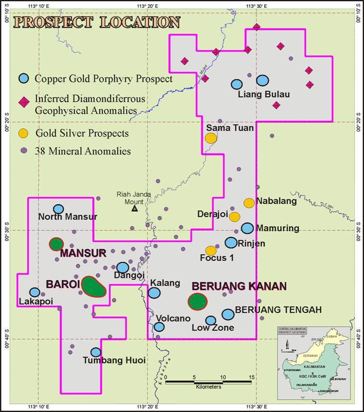 Copper Exploration - Central Kalimantan 75% ownership of KSK Contract of Work (CoW) 941 km 2 area with 38 prospects Priority targets: Beruang,