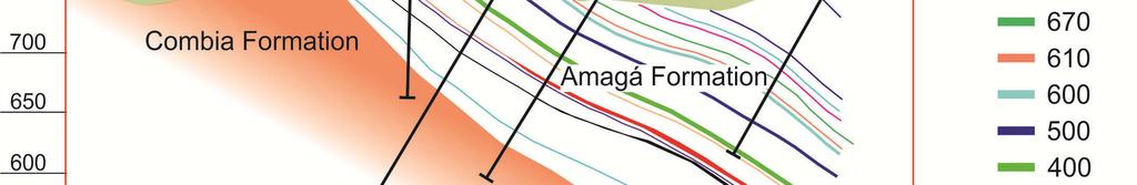 The following cross-section (looking north) shows a typical representation of the coal measures within the Amaga formation.