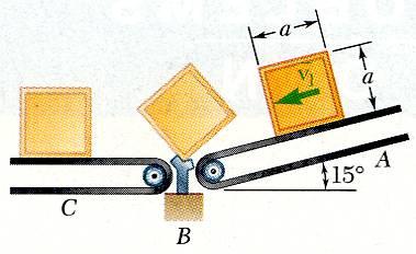 Sample Problem 7. SOLUTION: A square package of mass m moves down conveyor belt A with constant velocity. At the end of the conveyor, the corner of the package strikes a rigid support at B.