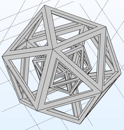 An aligned, cage-within-cage framework is shown in Fig. 2. Here, the enclosing (larger) icosahedron edge measures 0.44 microns and the enclosed (smaller) icosahedron edge measures 0.22 microns.