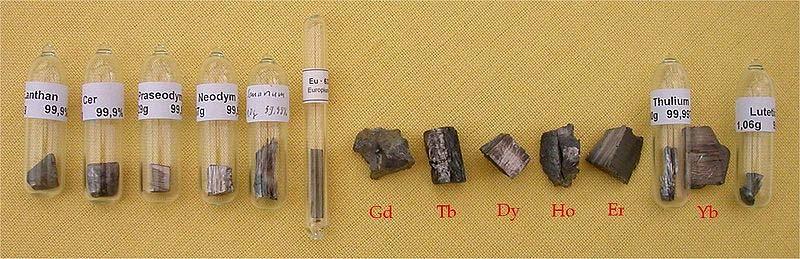 Figure 1.10 The Lanthanide metals. From left: lanthanum, cerium, praseodymium, neodymium, samarium, europium, gadolinium, terbium, dysprosium, holmium, erbium, thulium, ytterbium, and lutetium.