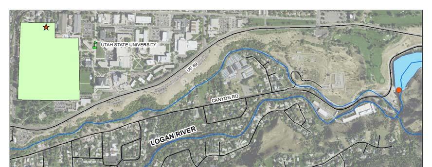 Figure 1. Logan River Floodplain Mapping Study Area. Credits: Shapefiles for roads, rivers, schools, and state boundary were downloaded from the Utah AGRC website.