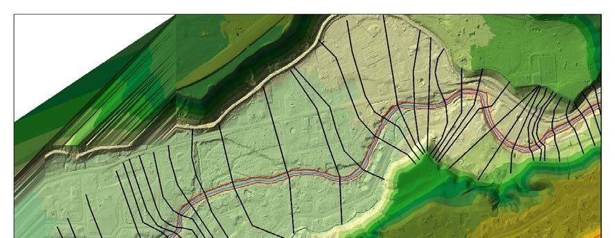 Figure 3. River geometry created in ArcGIS overlaying the TIN. HEC-GeoRAS uses the line features in conjunction with the TIN to extract elevations for the cross sections and flow profile.