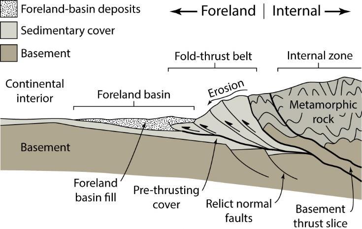 Elements of Continental Collision Fold-thrust belt (FTB) in an collisional orogen.