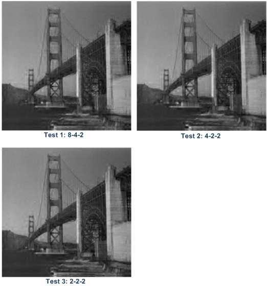 Figure 32 Reconstructed images for different sizes of vector Impact of the size of the vectors on compression and quality Size of vectors (level 1-level 2- level 3)