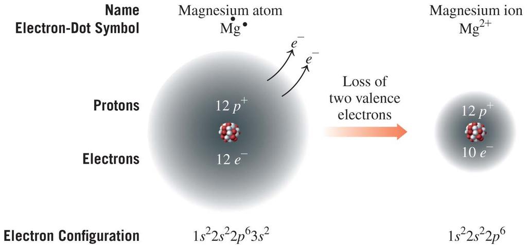 Positive Ions: Loss of Electrons Magnesium, a metal in Group 2A (2), obtains a stable