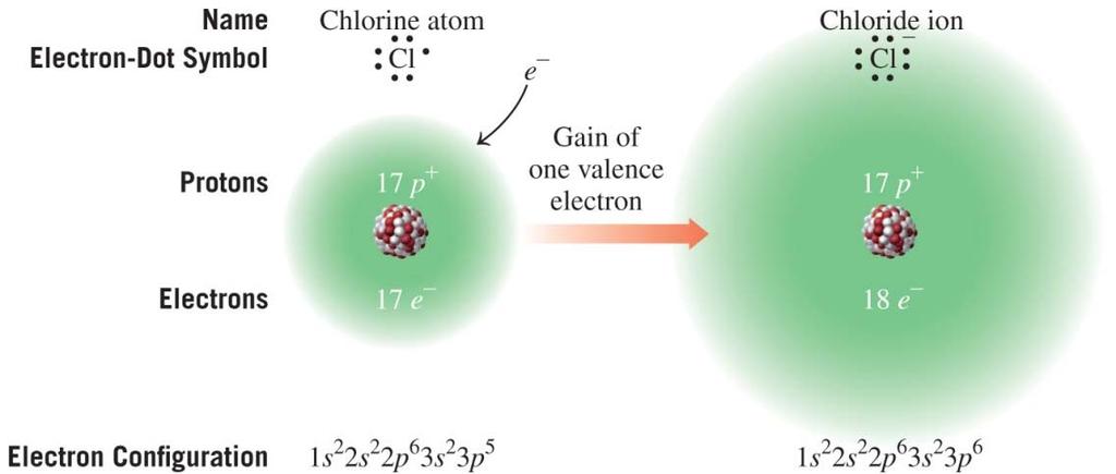 Negative Ions: Gain of Electrons An atom of chlorine with seven valence electrons gains one electron to form an octet.