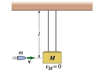 Problem 5: Ballistic pendulum (35 points) A bullet of mass m and velocity V o plows into a block of wood at rest with mass M which is part of a pendulum of length l and stays inside the block.
