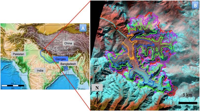 Figure 1. A). A map of South Asia, showing the location of the Gangotri Glacier catchment basin B).