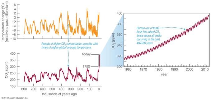 CO 2 Concentration temperature Ice core data (ancient record) Mauna Loa Observatory (modern record) CO2 time