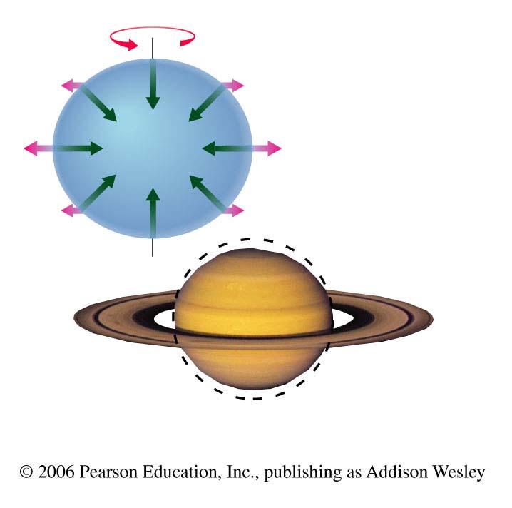 Gravity pulls material inwards Rotation flings material outwards near the equator Rapid rotation and relatively weak gravity make Saturn 10% wider at equator than poles This