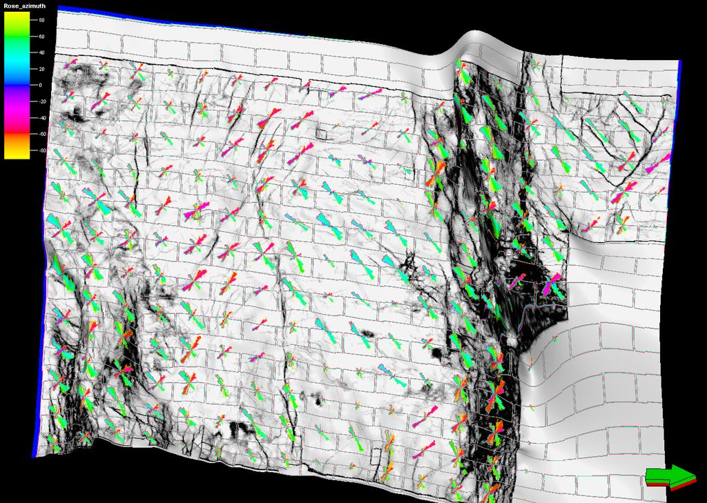 Seismic attributes illumination of Woodford Shale faults and fractures, Arkoma Basin, OK Figure 16: Volumetric rose diagrams computed from the valley shape and axis of minimum curvature attributes