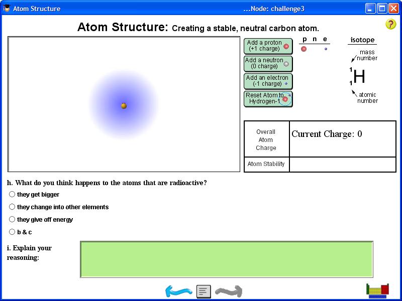 The next screen asks students to draw some conclusions about radioactive elements. When an atom breaks down it forms a new element and gives off energy.