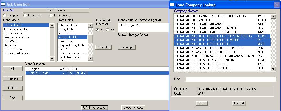 Using Accumap to create Land Shapefile Using Accumap - Create Land List CNRL for this example - Ask Question, select Land type eg Land:Crown