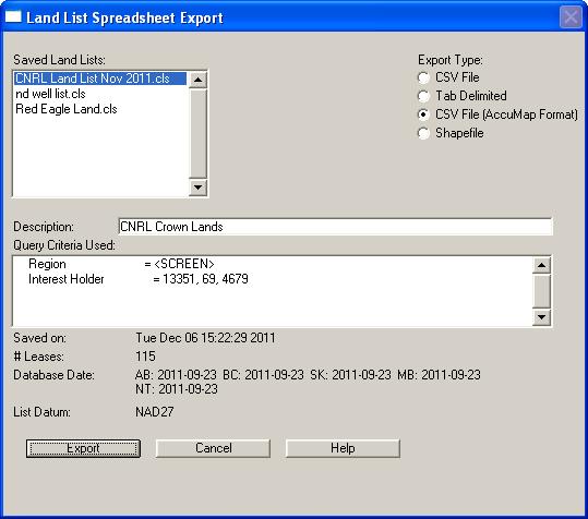 Using Accumap to create Land Shapefile Go to Detail Map Land Lists Spreadsheet Export.