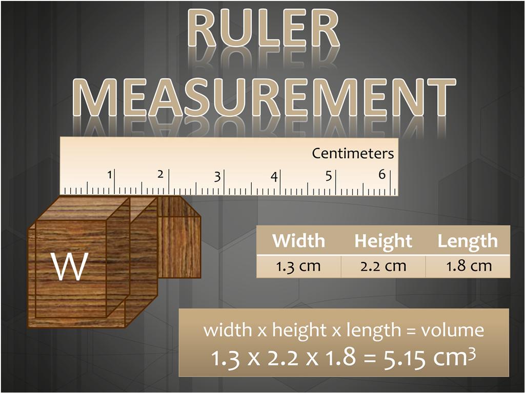 If the object is a regular shape like a cuboid or prism, you can calculate volume using a ruler to measure the width, height, and length of an object.