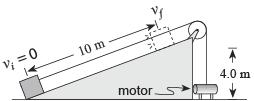 7. An electric motor and a rope are used to pull a 10 kg crate of car parts up an inclined plane as shown below.