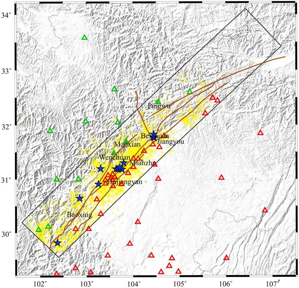 Figure 10. Map view of the repeating earthquake sequences (blue stars) and seismic stations used in relocation (triangles). The green triangles and red triangles represent two groups of stations.