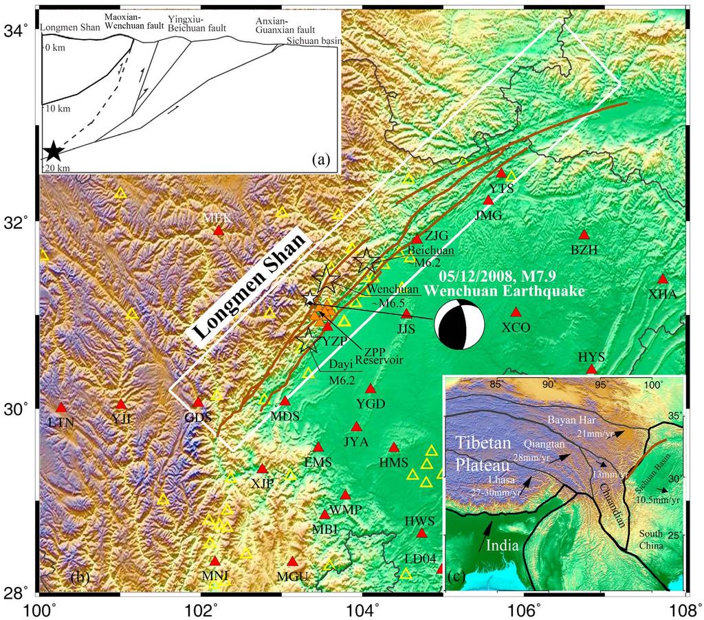 Figure 1. (a) A schematic cross section of the Longmen Shan fault zone. Star indicates the hypocenter of the M7.9 earthquake.