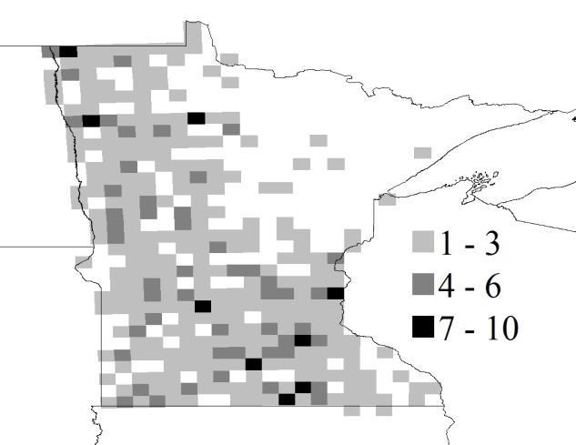the Minnesota regions (Figure 3) confirms an uneven distribution across the state. The critical x 2 value is 15.57 which is substantially less than the calculated x 2 of 32.34 P[(x 2 =32.34) <.1].