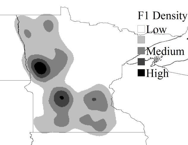 map is unique from all the other hot spot maps generated for this study (Figure 14). It shows one area, east of Moorhead, with a dominant density of F1 tornados compared to the rest of the state.